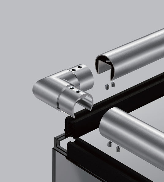 Ъгъл хоризонтален на 90 градуса за ръкохватка ф42,4х1,5мм. с канал за стъкло или LED от неръждаема стомана - Инокс