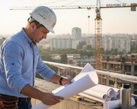 Архитект разглежда чертежи до парапет от инокс.