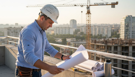 Архитект разглежда чертежи до парапет от инокс.