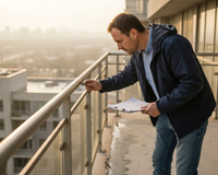 Engineer inspecting exterior metal railing for durability