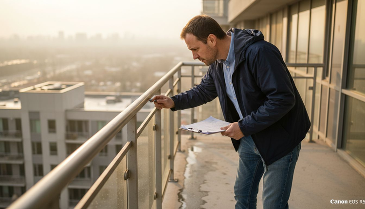 Engineer inspecting exterior metal railing for durability
