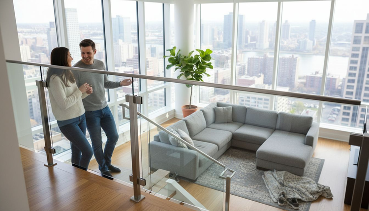 Modern glass and stainless steel railing in city apartment