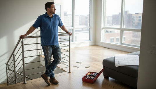 Steel railing installation in modern home interior