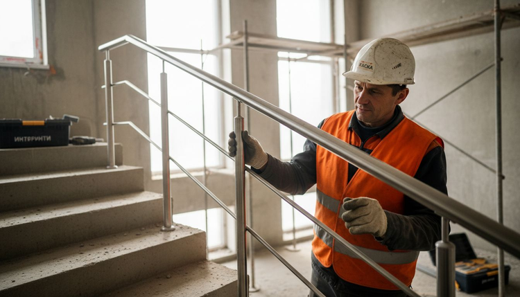 Служител оглежда новите иноксови парапети до стълбището.