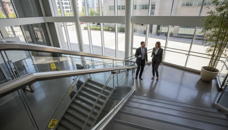 Architects near stairway with stainless steel railing