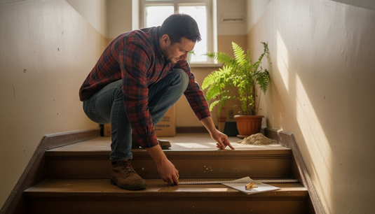 Мъж у дома измерва стълбите с ролетка, вероятно за ремонт или обновяване.