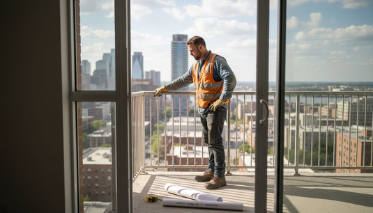 Contractor inspects custom steel railing installation