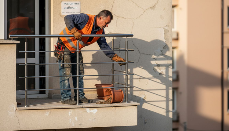 Служител извършва проверка на парапета на балкона, за да се увери, че е безопасен.