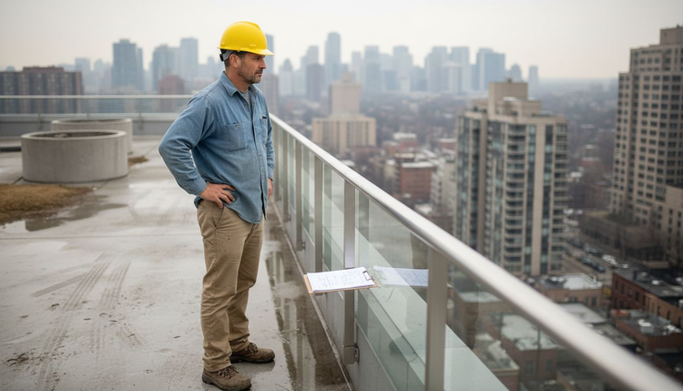Supervisor inspects modern terrace railings