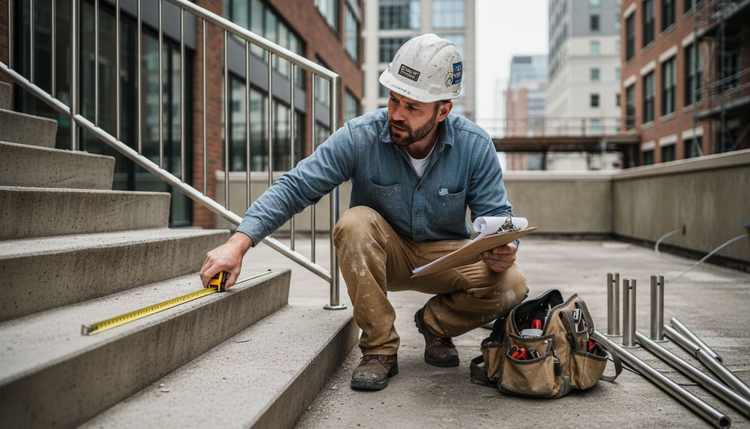 Contractor measures steps for steel railing install