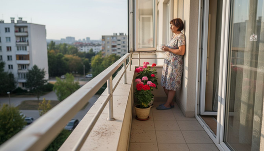 Жена се е подпряла на парапета на балкона и гледа навън.