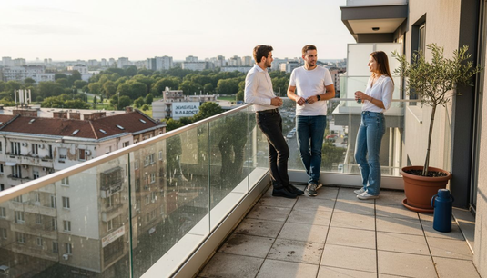 Хора се облягат на модерно стъклено перило на балкона