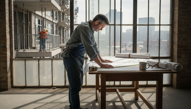 Architect reviews steel railing plans by window