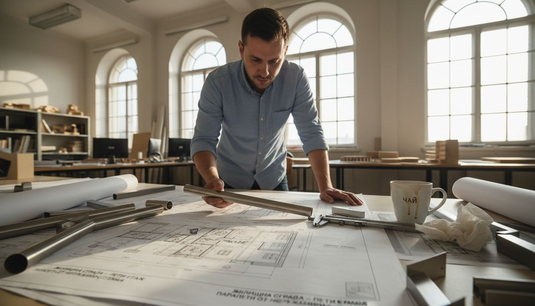 Архитектът прави подробен оглед на проектните чертежи и иноксовия парапет.