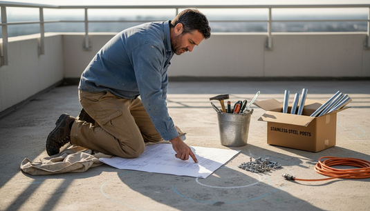 Installer prepares balcony for railing project