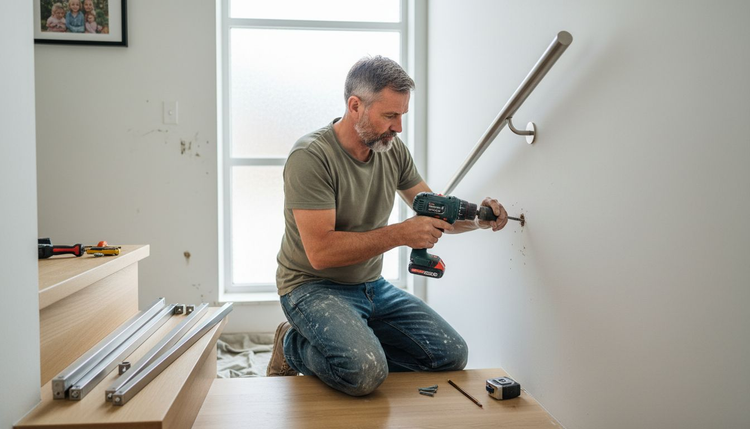 Собственик на жилище монтира иноксов парапет на стълбището си