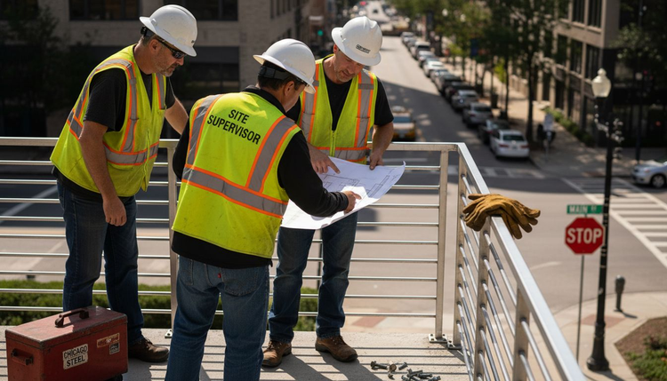 Construction workers examining exterior building railings