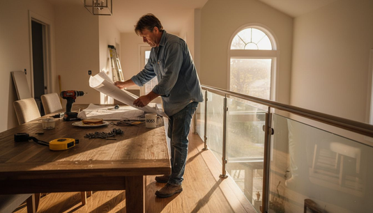 Contractor checking blueprints by custom railing install