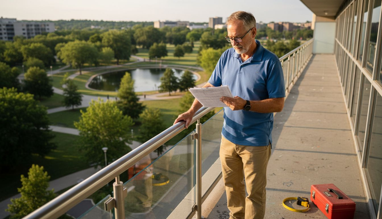 Inspector checks railing on municipal balcony
