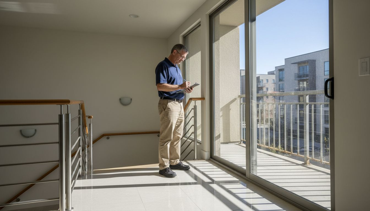 Inspector comparing indoor and outdoor railings