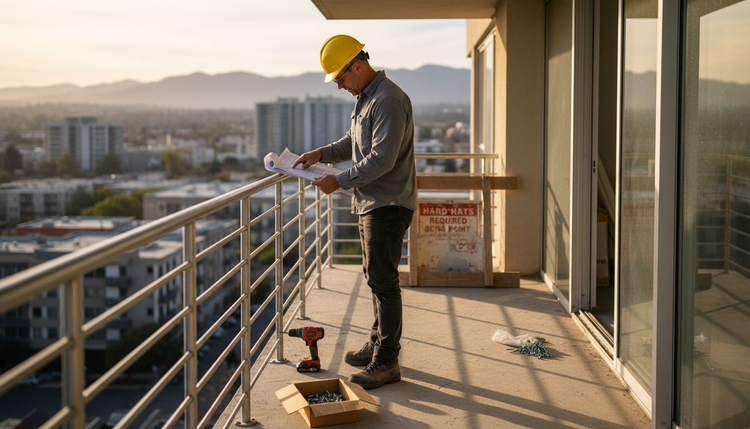Foreman reviews blueprints by custom balcony railing