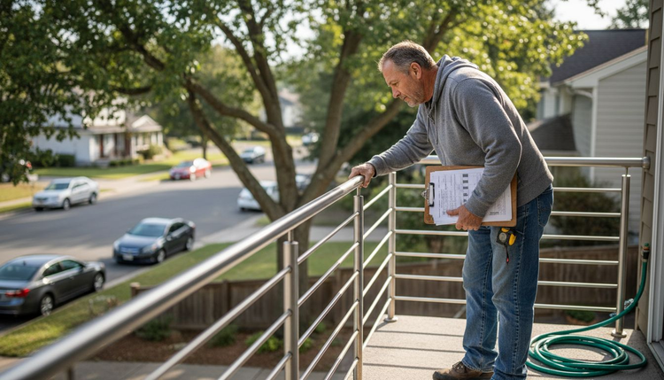 Contractor inspecting outdoor metal railing for durability