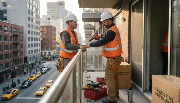 Workers installing ready-made balcony railing
