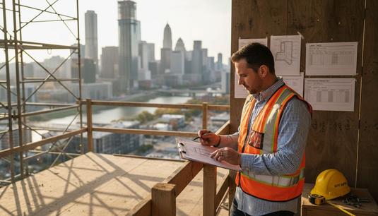 Project manager reviewing railing plans onsite