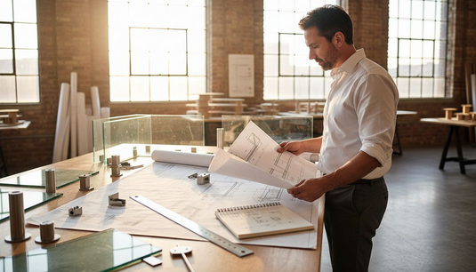 Architect examining railing blueprints in studio
