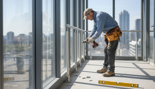 Builder installing steel railing on balcony