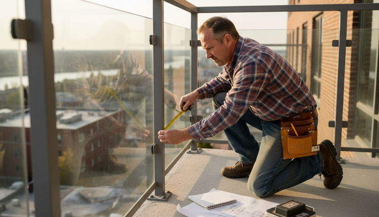 Contractor measuring balcony railing with tape
