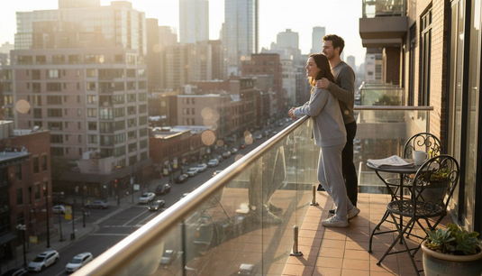 Couple on balcony with sleek modern railing