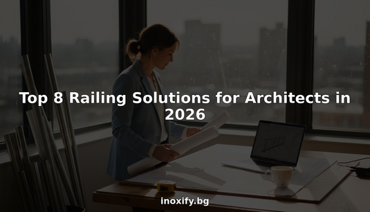 Architect reviewing railing blueprints in office