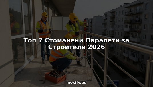 Строителни работници монтират метални парапети на балконите.