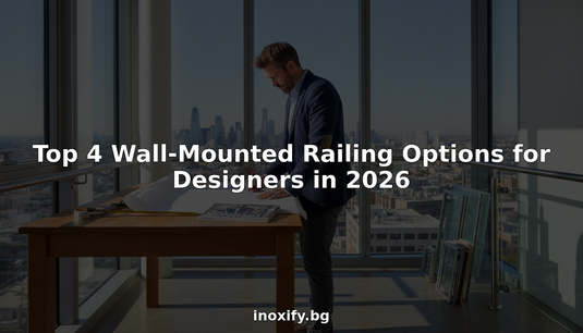 Designer with wall-mounted railing samples in office