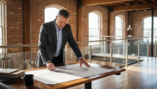 Architect reviews blueprints near custom railing