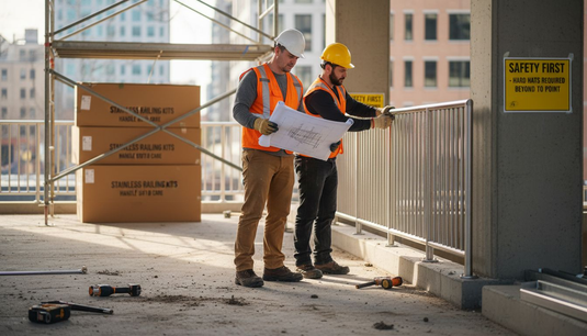 Workers examine ready-made railings at building site