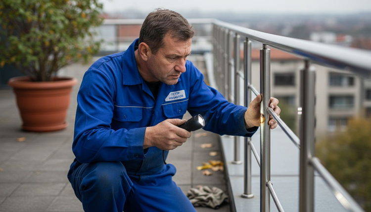 Служител по поддръжката внимателно оглежда неръждаемата парапетна конструкция, за да се увери, че няма дефекти или повреди.