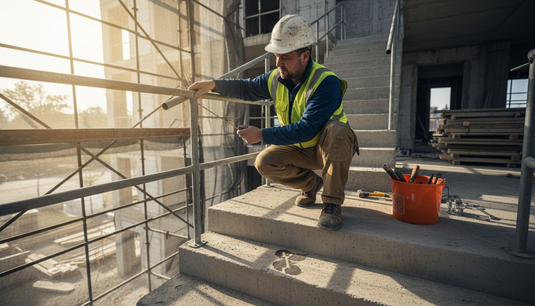 Supervisor inspecting safety railing on construction site