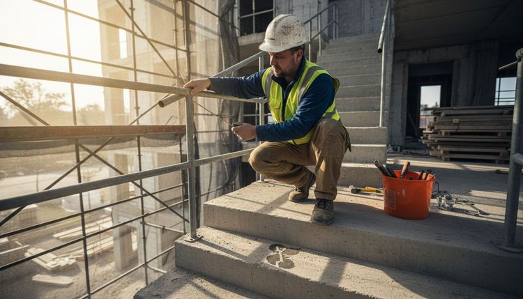 Supervisor inspecting safety railing on construction site