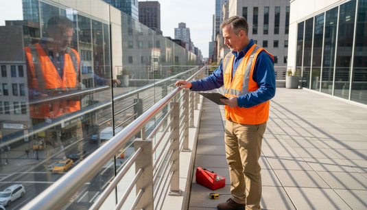Inspector checking stainless steel railing materials