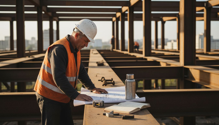 Работник разглежда проектните планове върху металната конструкция.