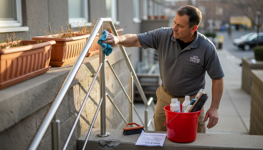 Contractor cleaning inox railing on staircase