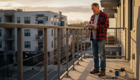 Builder assessing railing materials on apartment balcony