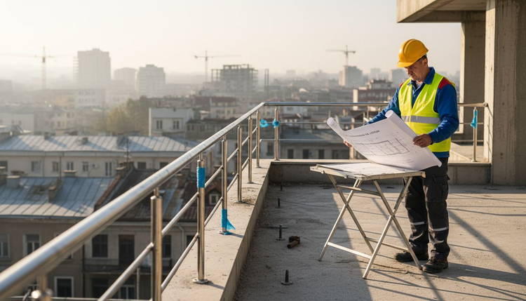 Архитект прави оглед на металните парапети на терасата на сградата.