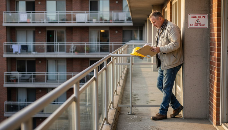 Site inspector checking balcony railing compliance