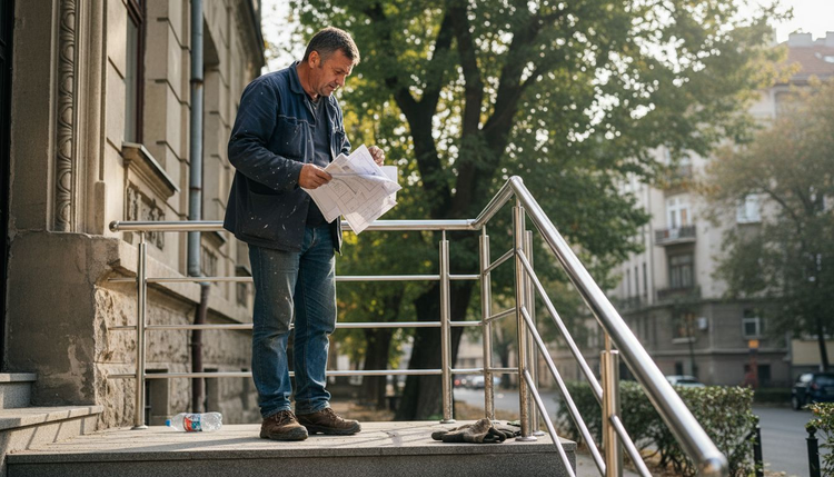Supervisor inspecting stainless steel railings on site