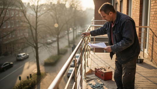 Contractor measuring stainless steel balcony railing