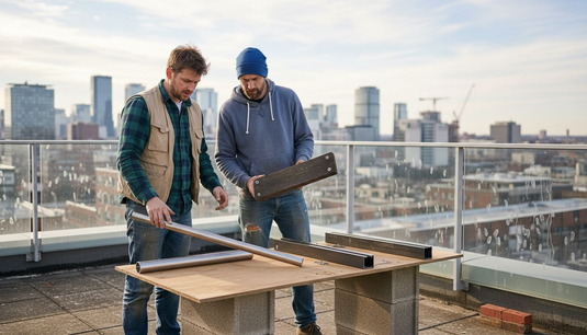 Contractors reviewing railing material samples outdoors