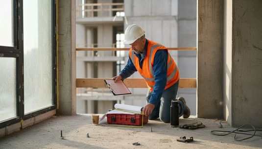 Supervisor measuring balcony for railing installation